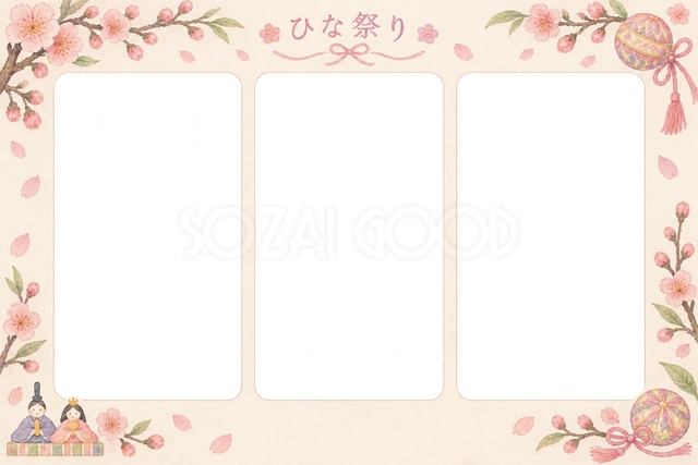 桃の花と春らしいリボンをあしらった、ひな祭りの写真フレームです