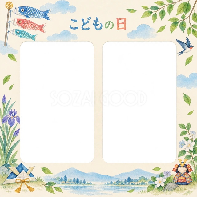 青空を泳ぐこいのぼりと若葉のイラストで、こどもの日の写真を飾る無料フレーム素材です