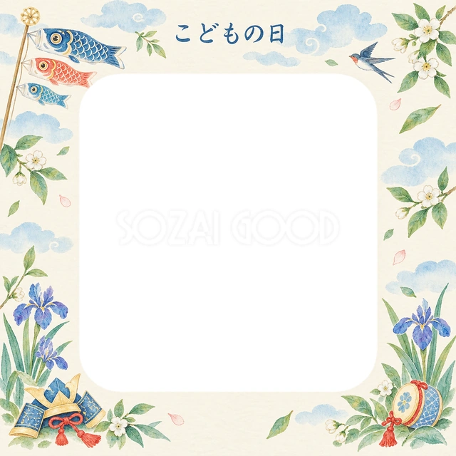 青空を泳ぐこいのぼりと若葉のイラストで、こどもの日の写真を飾る無料フレーム素材です