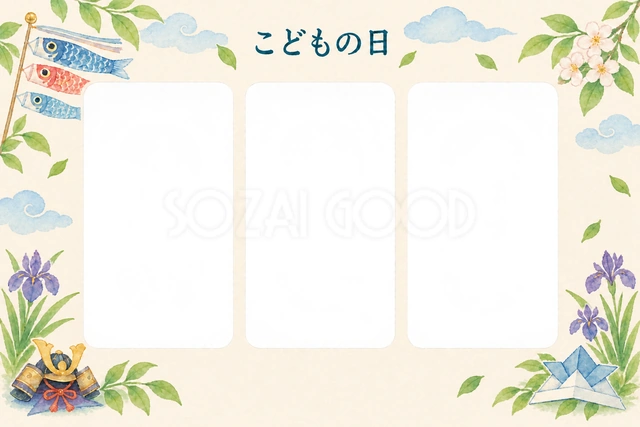 青空を泳ぐこいのぼりと若葉のイラストで、こどもの日の写真を飾る無料フレーム素材です