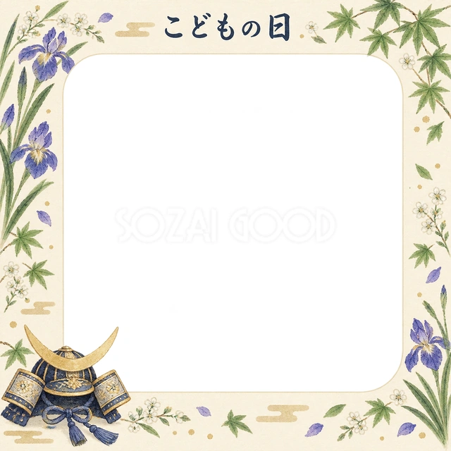 小さな兜と新緑のイラストを添えた、こどもの日の写真フレームです