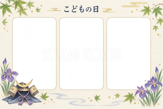 小さな兜と新緑のイラストを添えた、こどもの日の写真フレームです