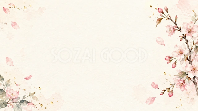 桜の小さな花と淡金色を、横長の和紙の端へ添えています