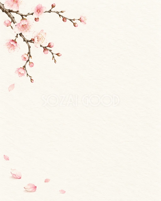 淡桃色の梅の花と細い枝を、縦長の和紙へ描いています