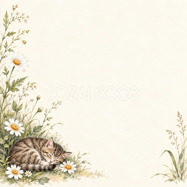 丸くなって眠る小さな猫と、白い小花を描いています