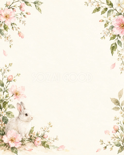 うさぎと淡い春の花を、縦長の紙の端へ添えています