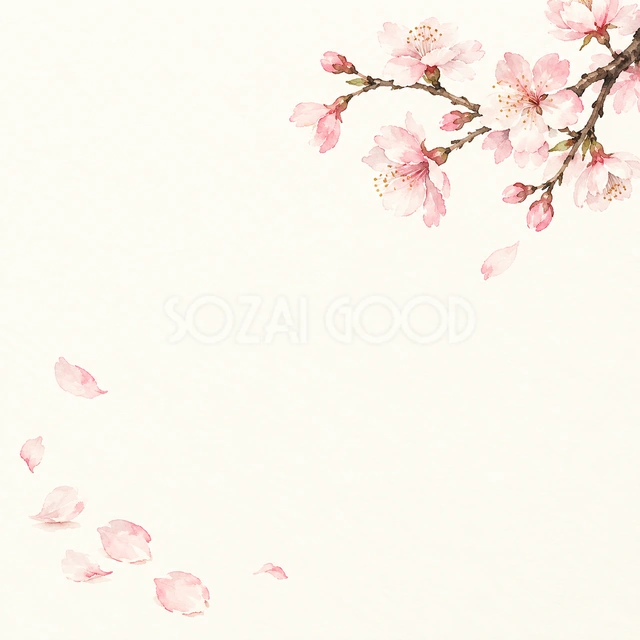 淡い桜の枝と花びらが、春らしいやわらかな雰囲気をつくります