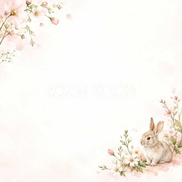 うさぎと草花の絵本の風合いを、正方形の背景にまとめました