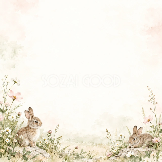 うさぎと草花の絵本の風合いを、正方形の背景にまとめました