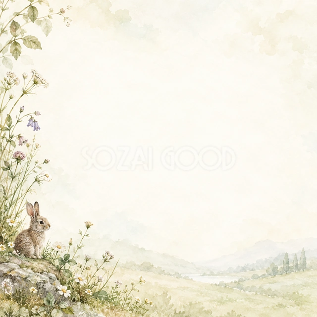 うさぎと草花の絵本の風合いを、正方形の背景にまとめました
