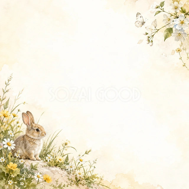 うさぎと草花の絵本の風合いを、正方形の背景にまとめました
