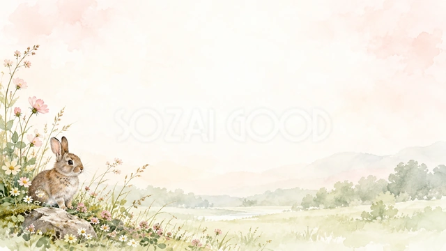 うさぎと草花の絵本の風合いを、横長の背景にまとめました