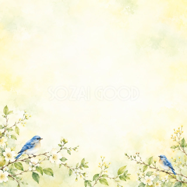 小鳥と青葉の絵本の風合いを、正方形の背景にまとめました