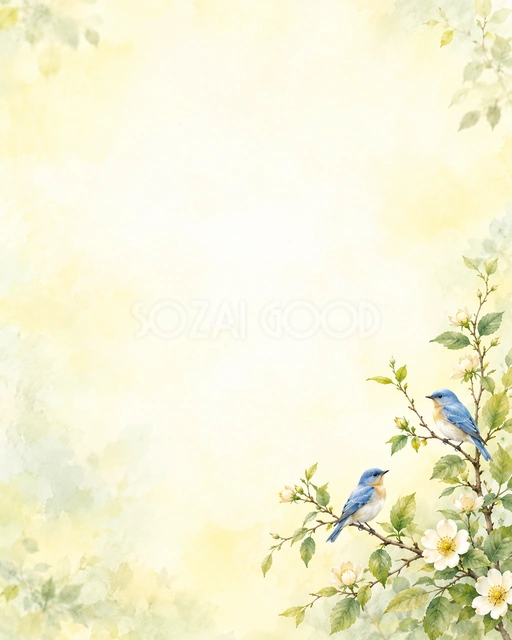 小鳥と青葉の絵本の風合いを、縦長の背景にまとめました