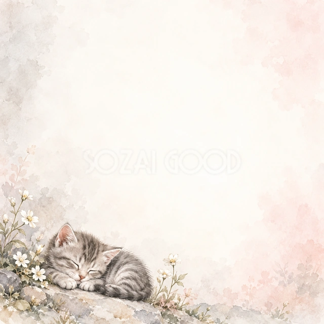 猫と小花の絵本の風合いを、正方形の背景にまとめました