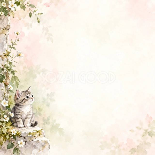 猫と小花の絵本の風合いを、正方形の背景にまとめました