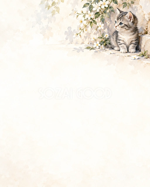猫と小花の絵本の風合いを、縦長の背景にまとめました