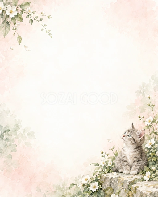 猫と小花の絵本の風合いを、縦長の背景にまとめました
