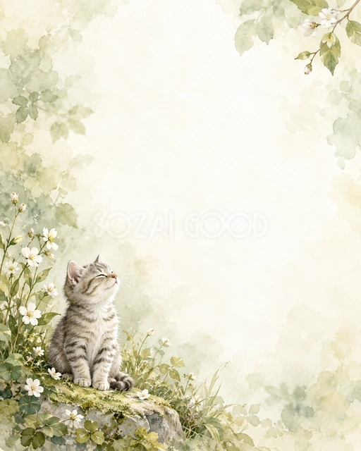 猫と小花の絵本の風合いを、縦長の背景にまとめました