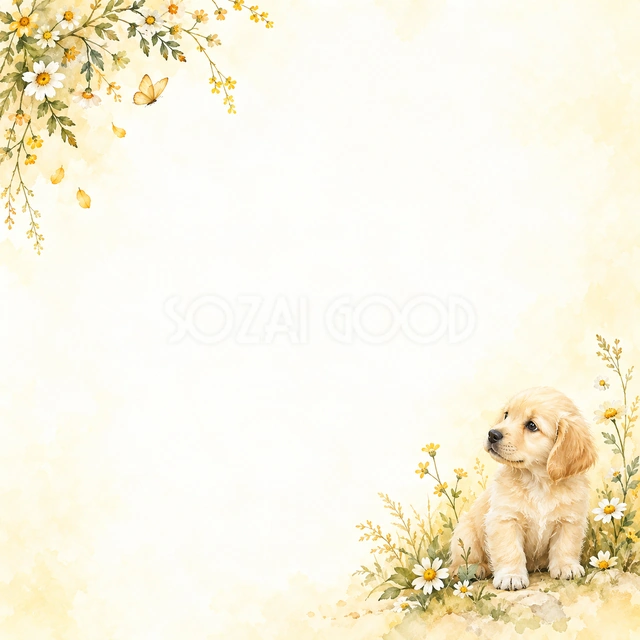 犬と草花の絵本の風合いを、正方形の背景にまとめました