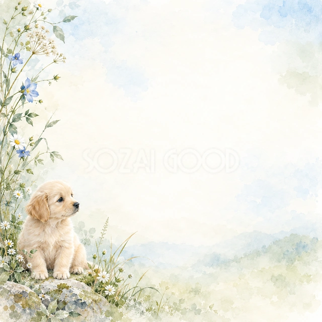 犬と草花の絵本の風合いを、正方形の背景にまとめました