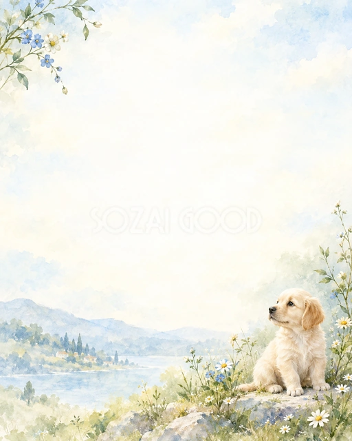 犬と草花の絵本の風合いを、縦長の背景にまとめました
