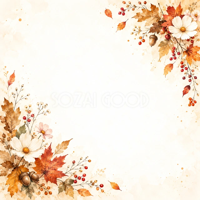紅葉と木の実の秋の風合いを、正方形の背景にまとめました