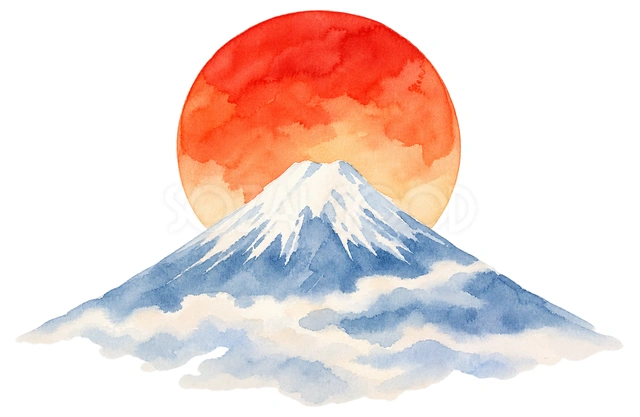 富士山と初日の出の水彩イラスト