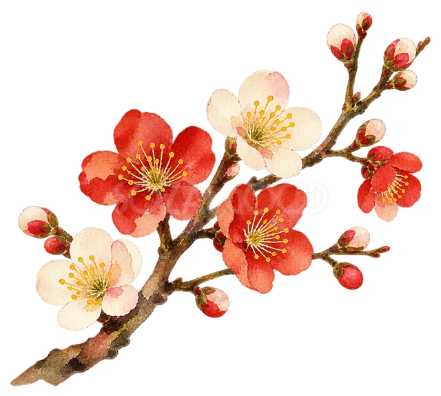紅白の梅の水彩イラスト