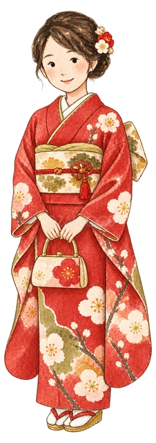 振袖姿の女性の水彩イラスト