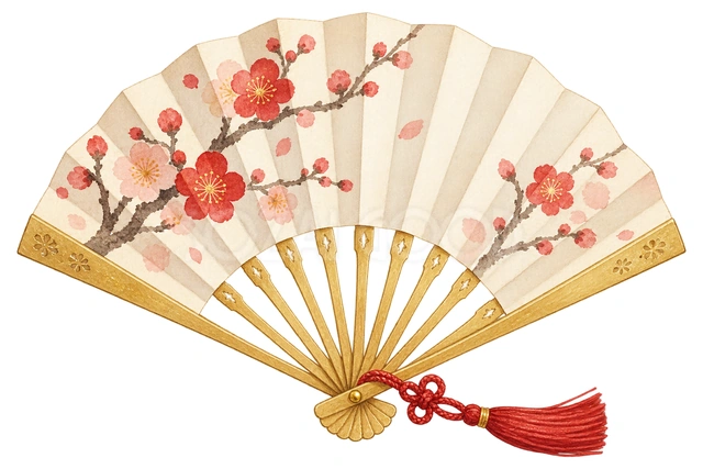 祝い扇と房飾りの水彩イラスト