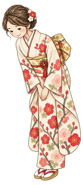 振袖姿でお辞儀する女性の水彩イラスト