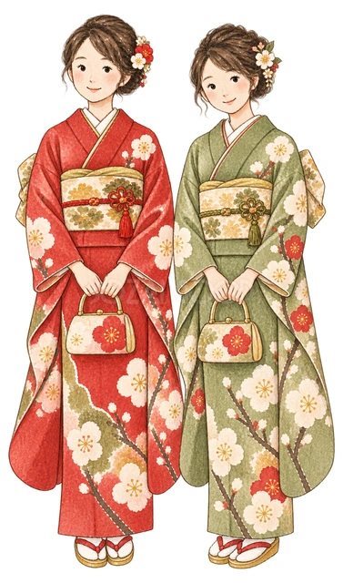 振袖姿の友人二人の水彩イラスト