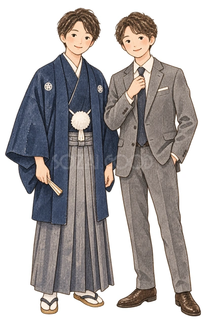 袴とスーツの友人二人の水彩イラスト