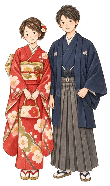 振袖と袴の二人の水彩イラスト