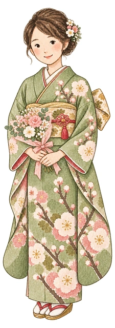 花束を持つ振袖の女性の水彩イラスト