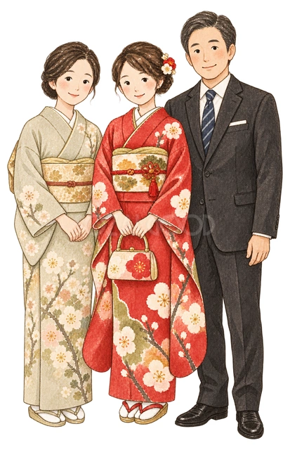 成人を祝う家族の水彩イラスト