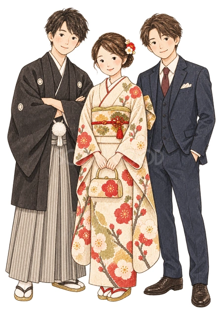 成人式の記念撮影の水彩イラスト