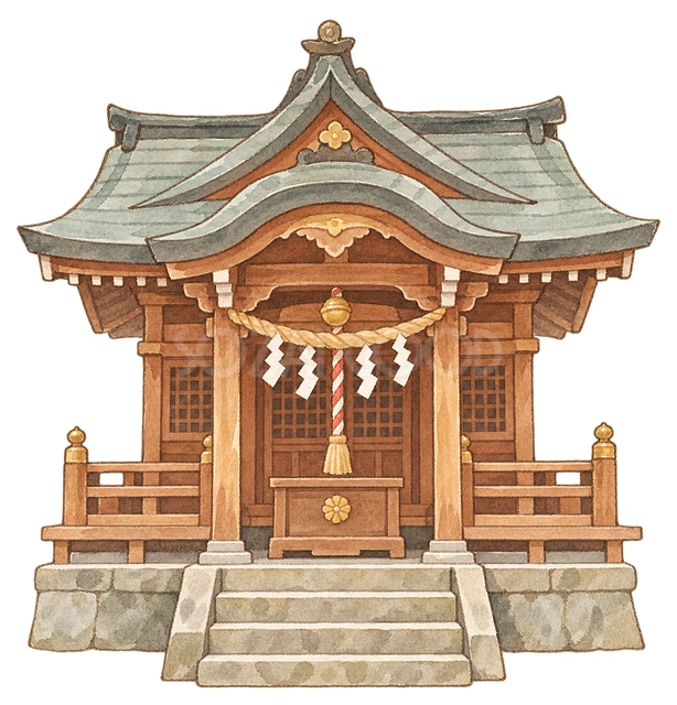 神社の拝殿の水彩イラスト
