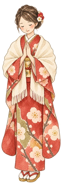 参拝する着物の女性の水彩イラスト