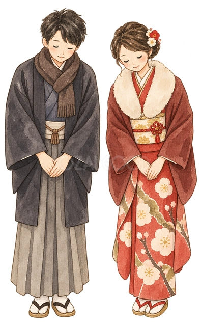 お辞儀をする夫婦の水彩イラスト
