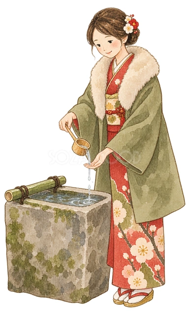 手水で手を洗う女性の水彩イラスト