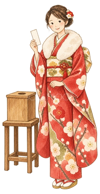 おみくじを引く女性の水彩イラスト
