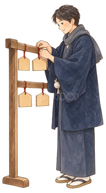 絵馬を掛ける男性の水彩イラスト