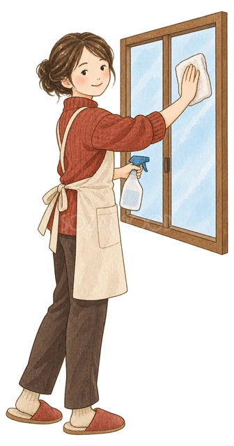 窓拭きをする女性の水彩イラスト