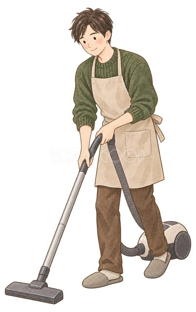 掃除機をかける男性の水彩イラスト
