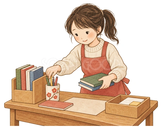 机を整理する子どもの水彩イラスト