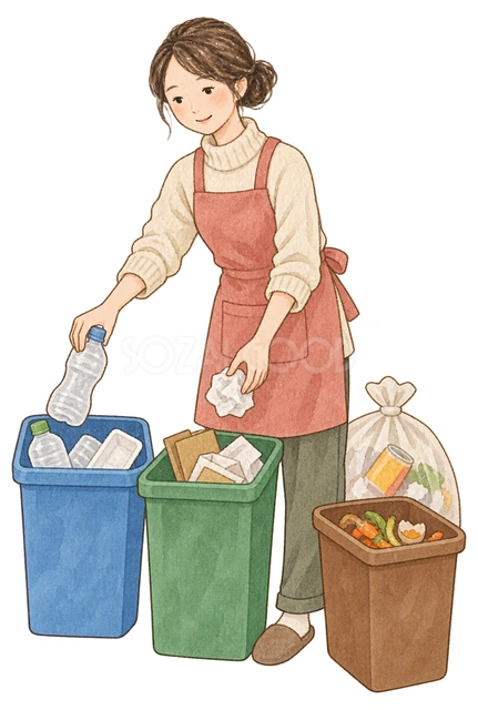 ゴミを分別する女性の水彩イラスト
