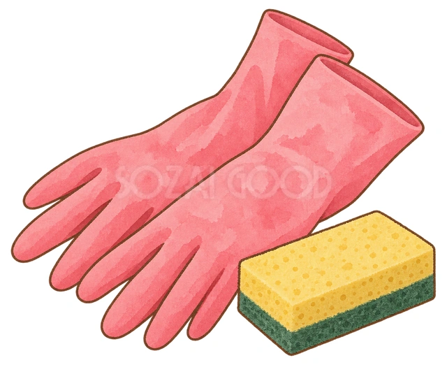 ゴム手袋とスポンジの水彩イラスト