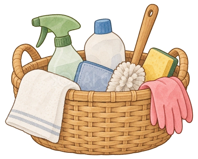 掃除道具を入れた籠の水彩イラスト